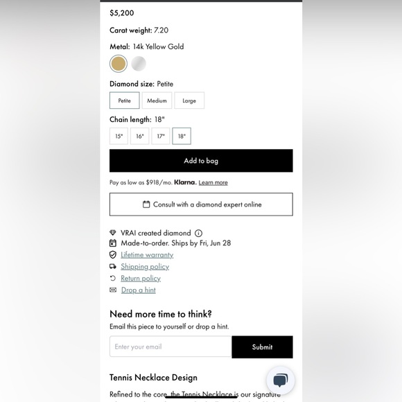 18in 14Kt Yellow Gold VS2+ Tennis Chain Necklace - Picture 4 of 7